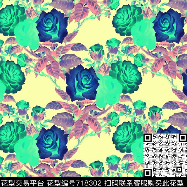 乱花大花玫瑰数码印花花型下载（图片编号: 718302） - 瓦栏（Walan）