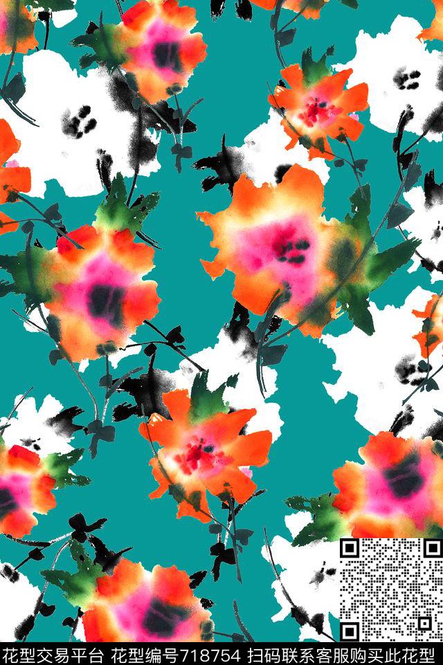 水墨抽象花卉数码印花花型下载（图片编号: 718754） - 瓦栏（Walan）
