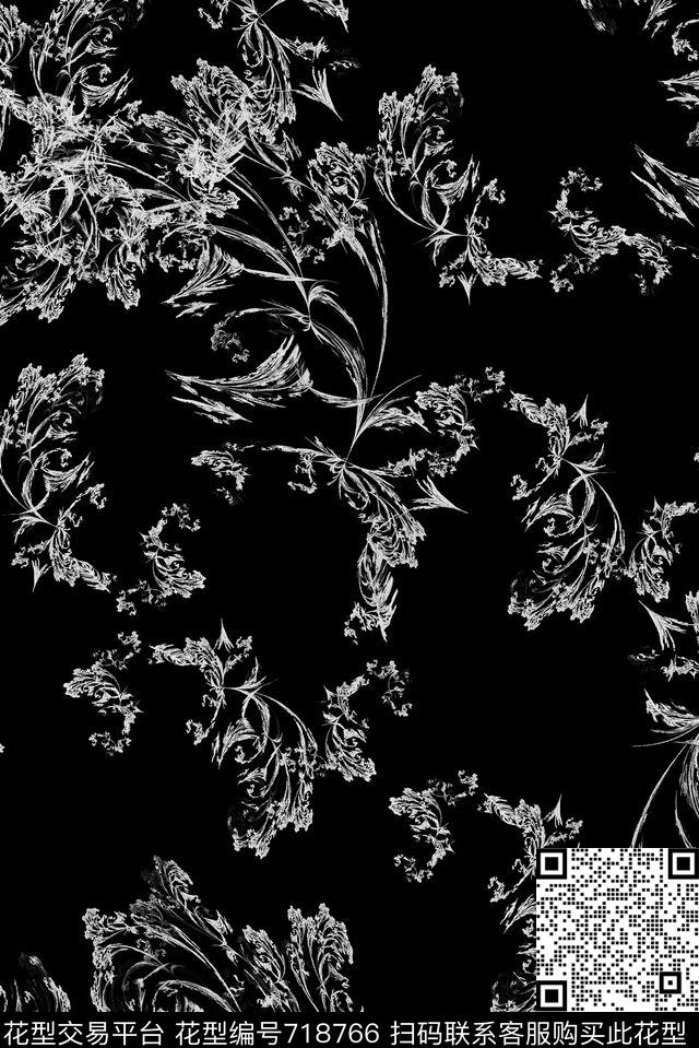 树叶黑白艺术数码印花花型下载（图片编号: 718766） - 瓦栏（Walan）