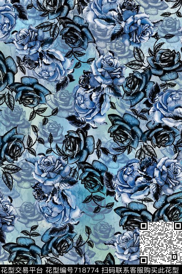 M14.jpg - 718774 - blue flowers roses - 数码印花花型 － 男装花型设计 － 瓦栏