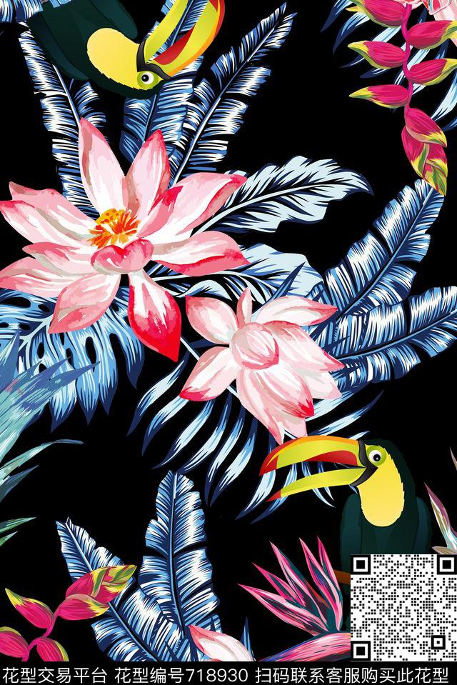 夜热带植物鸟.jpg - 718930 - 天堂鸟花 棕榈叶 热带 - 数码印花花型 － 女装花型设计 － 瓦栏