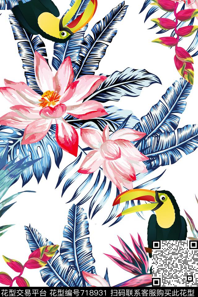 夜热带植物鸟白.jpg - 718931 - 天堂鸟花 棕榈叶 热带 - 数码印花花型 － 女装花型设计 － 瓦栏