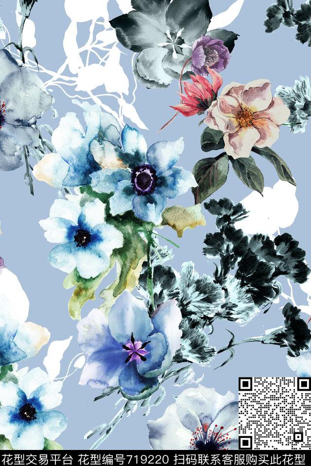 手绘水彩花卉数码印花花型下载（图片编号: 719220） - 瓦栏（Walan）