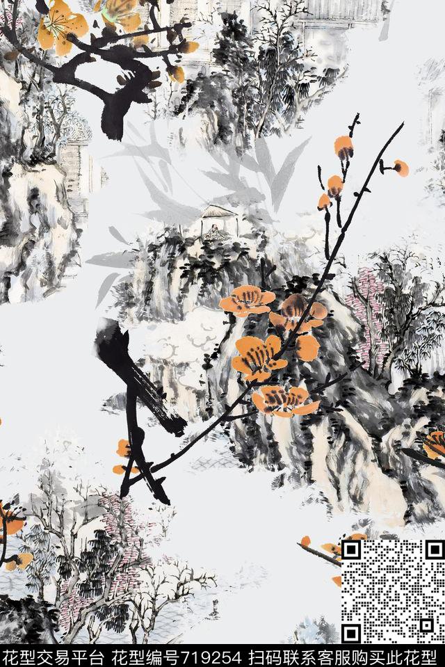 素雅中国风水墨数码印花花型下载（图片编号: 719254） - 瓦栏（Walan）