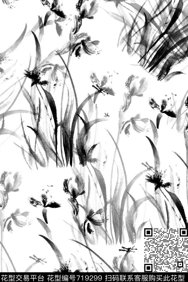 手绘水墨乱草数码印花花型下载（图片编号: 719299） - 瓦栏（Walan）
