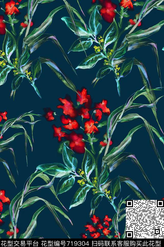 手绘花卉花草数码印花花型下载（图片编号: 719304） - 瓦栏（Walan）