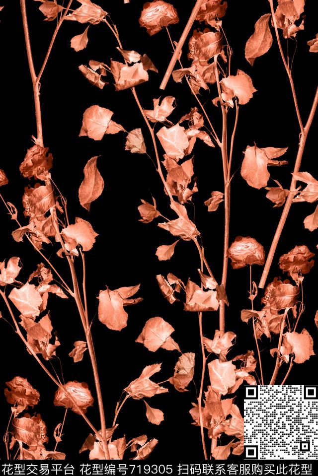 枯叶树枝玫瑰数码印花花型下载（图片编号: 719305） - 瓦栏（Walan）