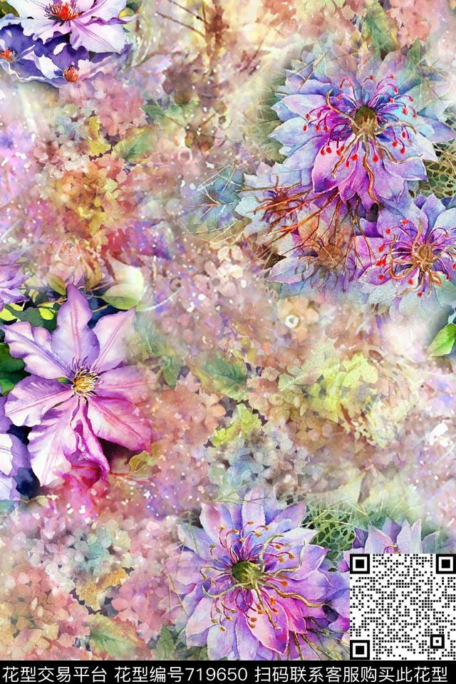 水彩手绘花卉满花.jpg - 719650 - 花朵 花卉 水彩 - 数码印花花型 － 女装花型设计 － 瓦栏