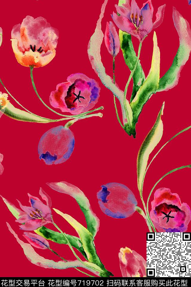 手绘花草花卉数码印花花型下载（图片编号: 719702） - 瓦栏（Walan）