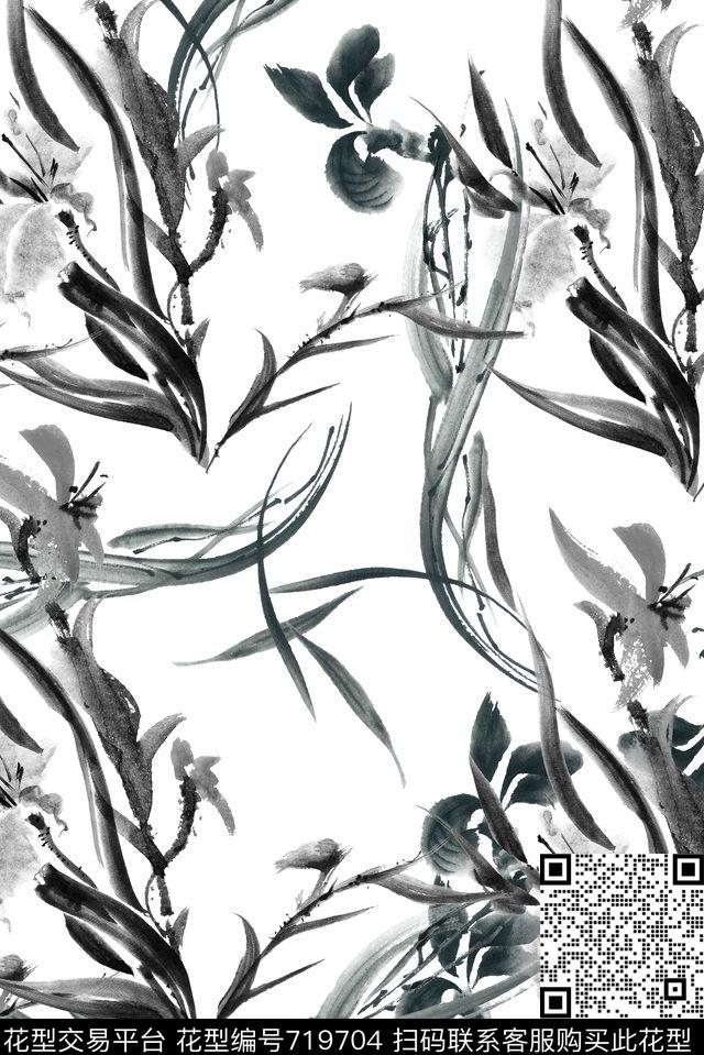 水墨花卉兰花数码印花花型下载（图片编号: 719704） - 瓦栏（Walan）