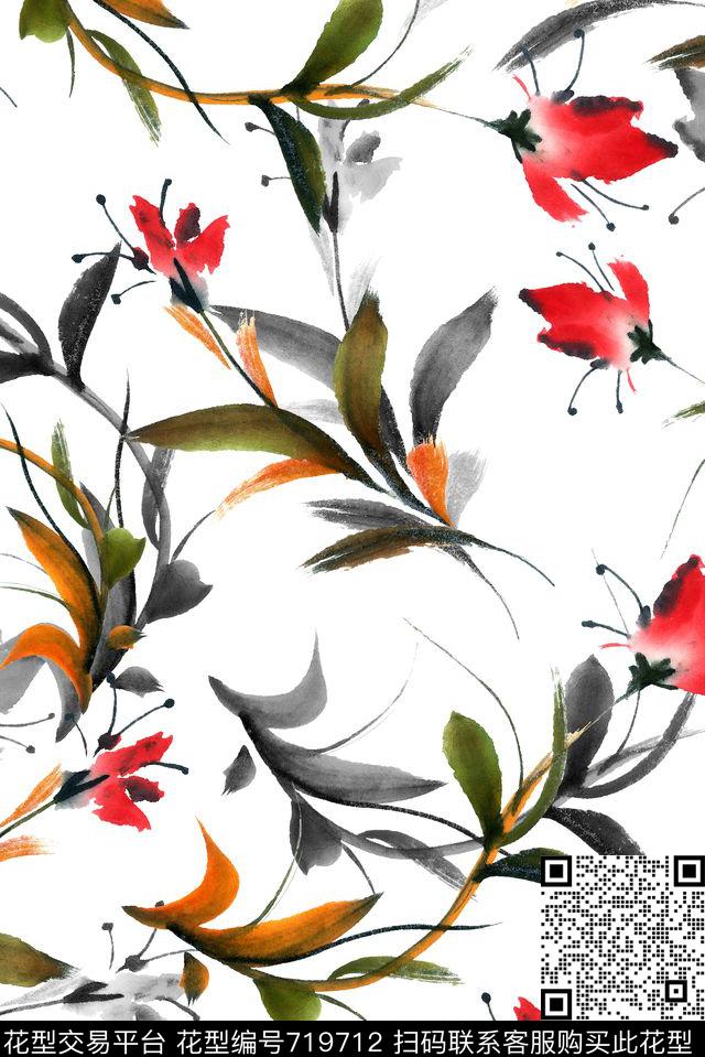 水墨花卉兰花数码印花花型下载（图片编号: 719712） - 瓦栏（Walan）