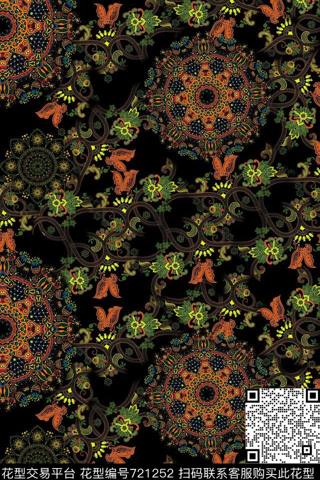 民族花纹倾斜黑.jpg - 721252 - 和风 波西米亚 卷草纹 - 传统印花花型 － 女装花型设计 － 瓦栏