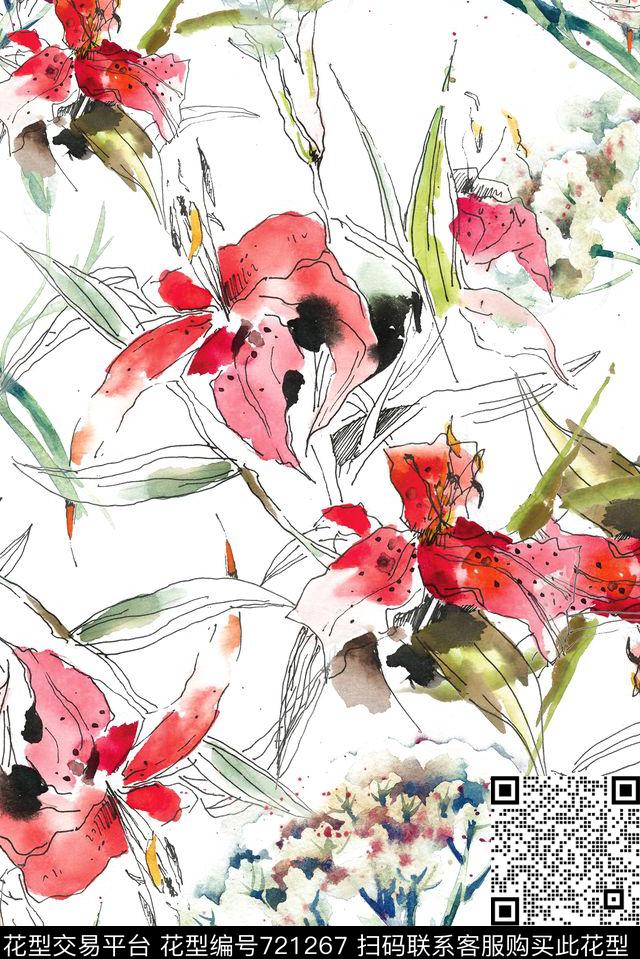 手绘水彩线描数码印花花型下载（图片编号: 721267） - 瓦栏（Walan）