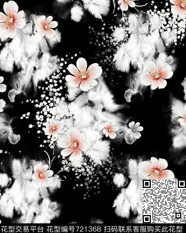 黑底晕染底纹花卉数码印花花型下载（图片编号: 721368） - 瓦栏（Walan）