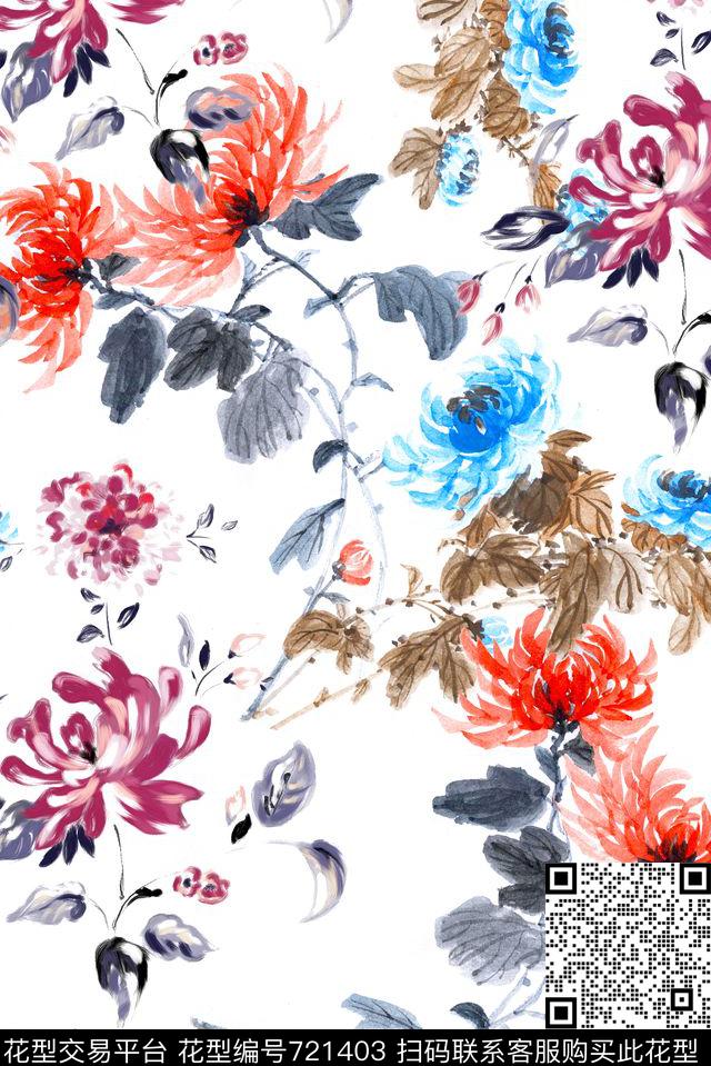 手绘水墨花卉数码印花花型下载（图片编号: 721403） - 瓦栏（Walan）