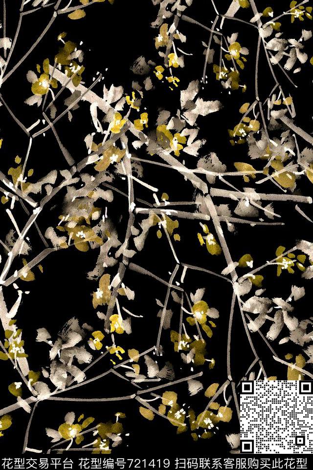 手绘抽象水墨数码印花花型下载（图片编号: 721419） - 瓦栏（Walan）