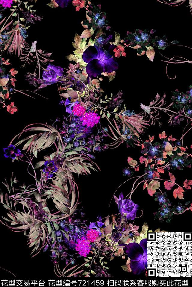 手绘花卉绿叶数码印花花型下载（图片编号: 721459） - 瓦栏（Walan）