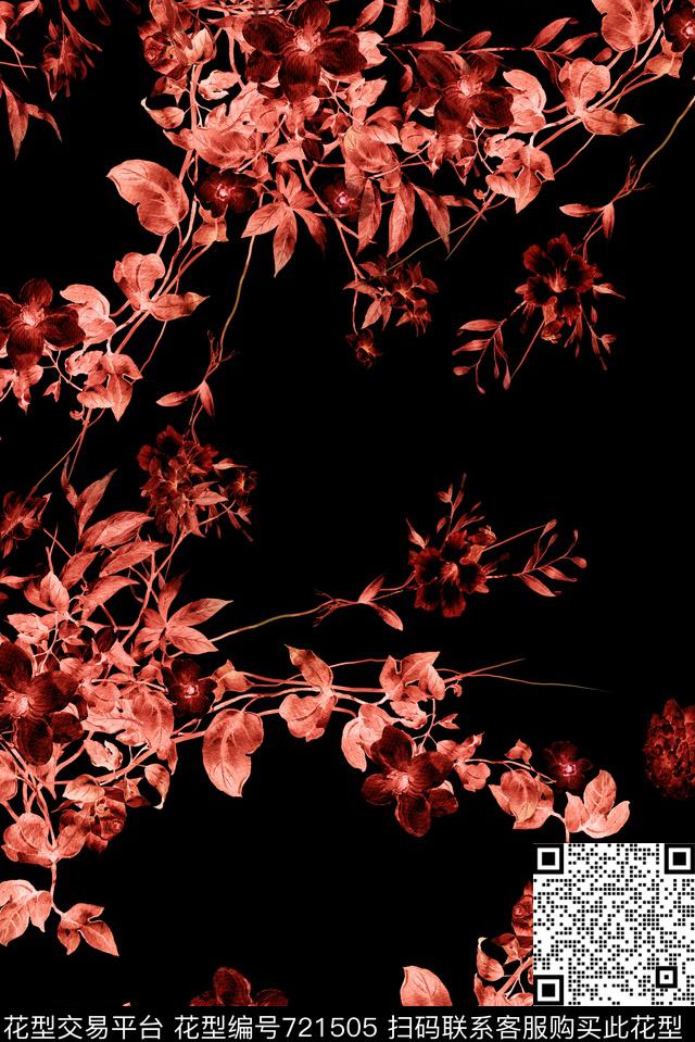 手绘花卉绿叶数码印花花型下载（图片编号: 721505） - 瓦栏（Walan）