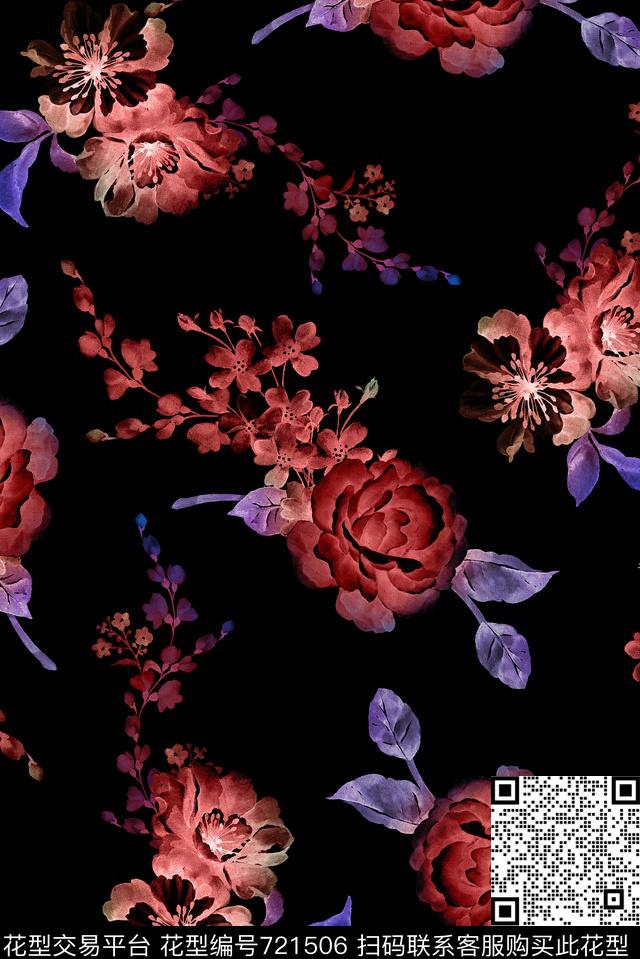 复古手绘玫瑰数码印花花型下载（图片编号: 721506） - 瓦栏（Walan）