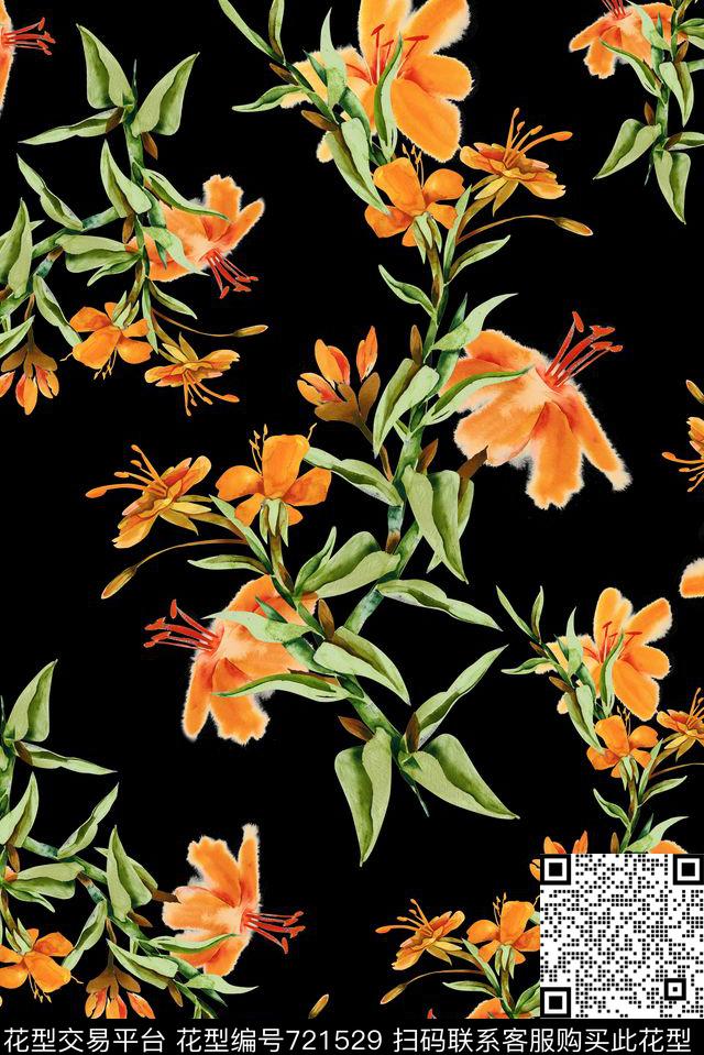 手绘复古花卉数码印花花型下载（图片编号: 721529） - 瓦栏（Walan）