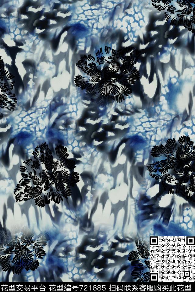 豹纹花朵印蓝.jpg - 721685 - 豹纹 动物纹 花朵花卉 - 数码印花花型 － 女装花型设计 － 瓦栏