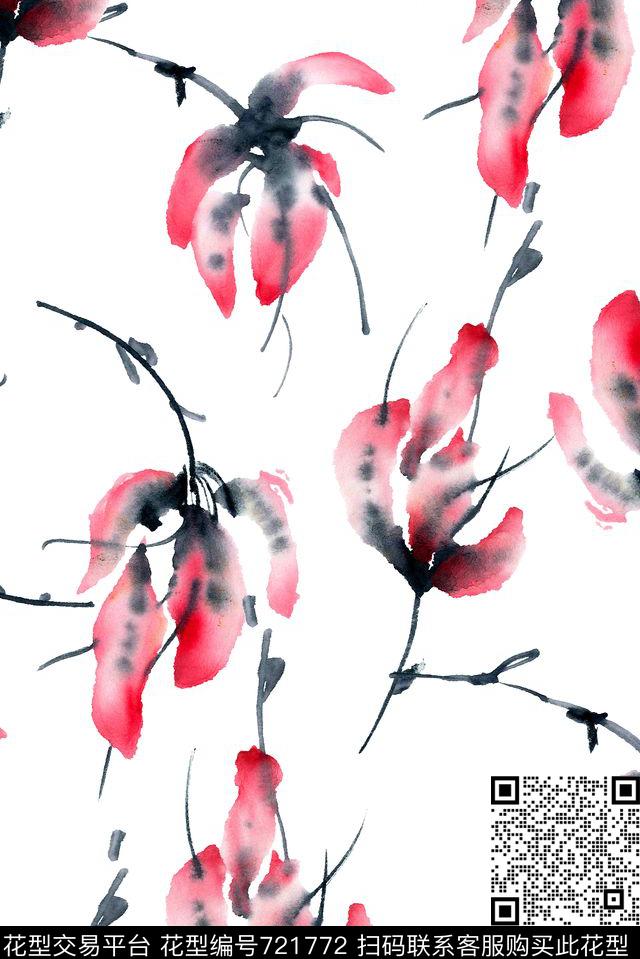 手绘水墨花卉数码印花花型下载（图片编号: 721772） - 瓦栏（Walan）