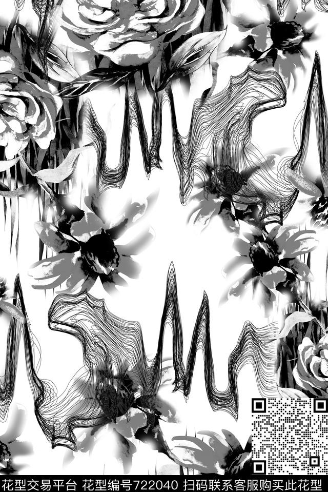 丝线波纹花卉黑白.jpg - 722040 - 丝线 抽象波纹 花卉花朵 - 数码印花花型 － 女装花型设计 － 瓦栏