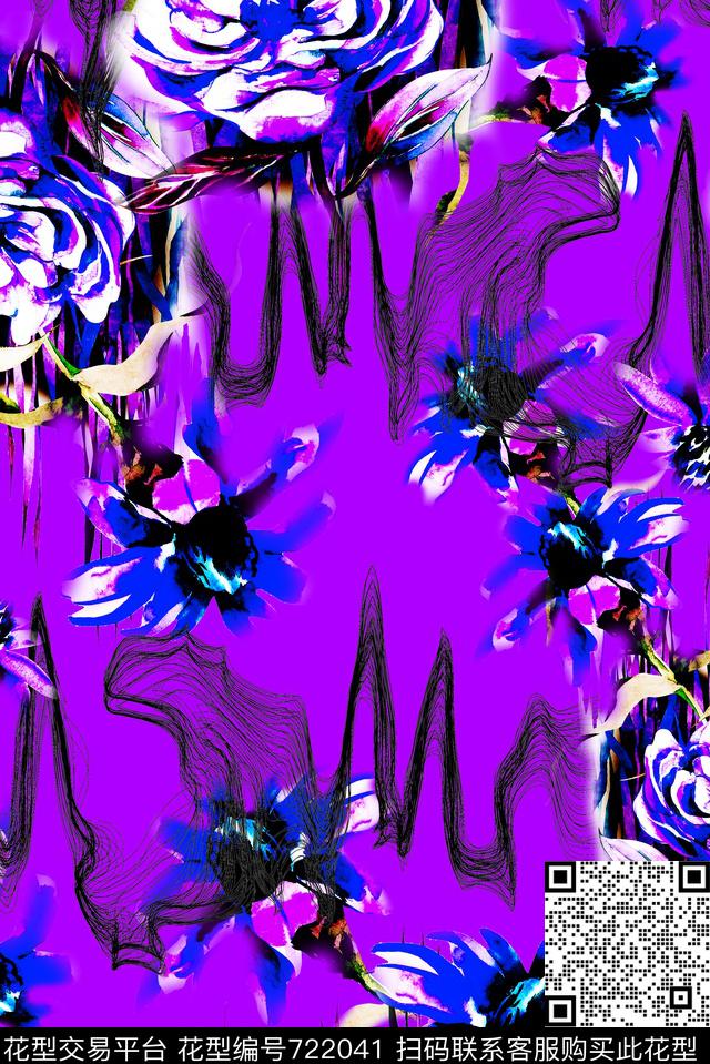 丝线波纹花卉紫.jpg - 722041 - 丝线 抽象波纹 花卉花朵 - 数码印花花型 － 女装花型设计 － 瓦栏