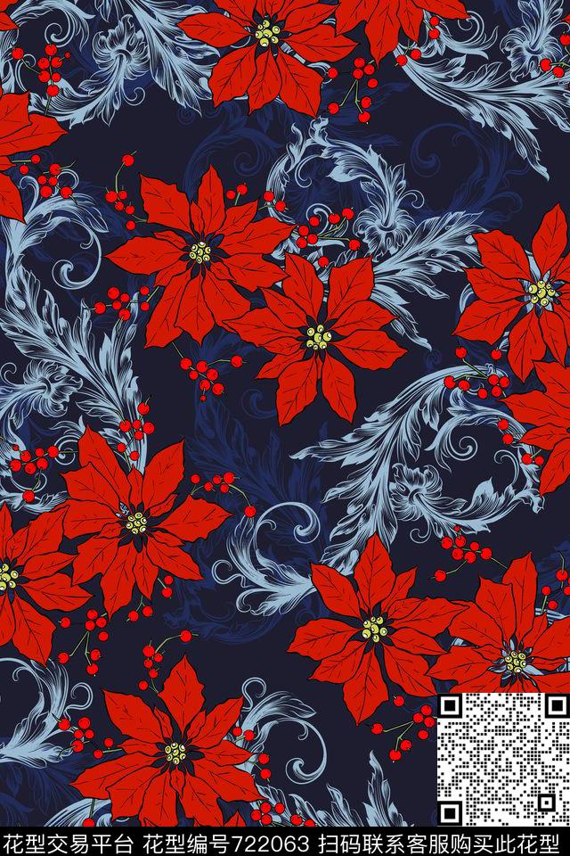红色花卉欧式花纹秋冬女装数码印花花型下载（图片编号: 722063） - 瓦栏（Walan）