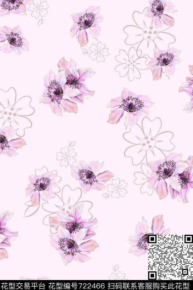 花卉百合花框底纹粉.jpg - 722466 - 花瓣 百合 花朵 - 数码印花花型 － 女装花型设计 － 瓦栏