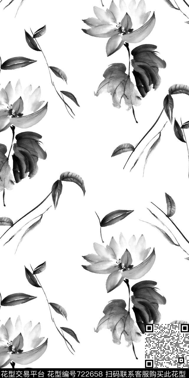 水墨水彩黑白数码印花花型下载（图片编号: 722658） - 瓦栏（Walan）
