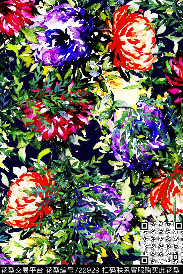 秘密花园蓝.jpg - 722929 - 大花 乱花 花朵 - 数码印花花型 － 女装花型设计 － 瓦栏