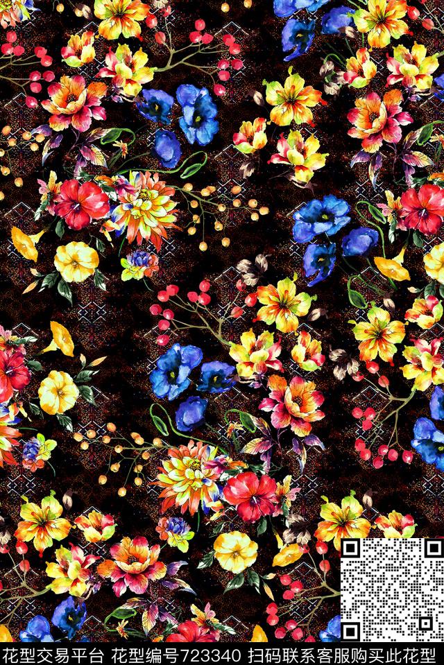 花卉水晶底纹黑.jpg - 723340 - 乱花 花朵 花卉 - 数码印花花型 － 女装花型设计 － 瓦栏