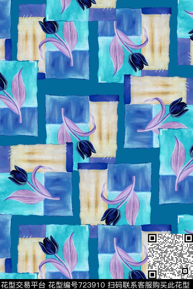 油画郁金香色块蓝.jpg - 723910 - 花朵 花卉 格子油画 - 数码印花花型 － 女装花型设计 － 瓦栏