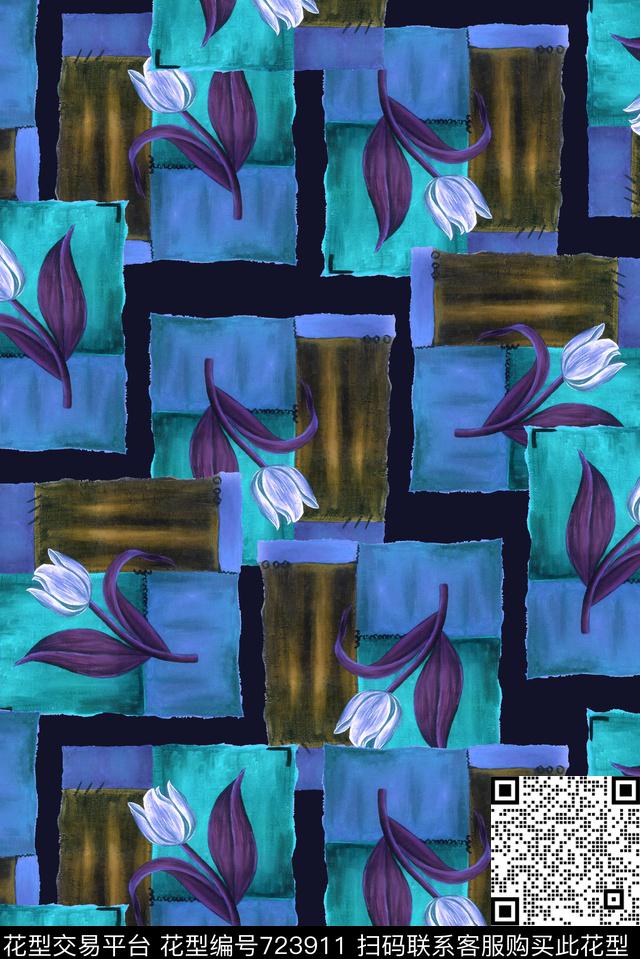 油画郁金香色块紫.jpg - 723911 - 花朵 花卉 格子油画 - 数码印花花型 － 女装花型设计 － 瓦栏