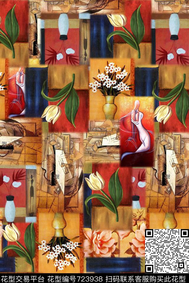 各种油画色块.jpg - 723938 - 格子油画 色块 油画花 - 数码印花花型 － 女装花型设计 － 瓦栏