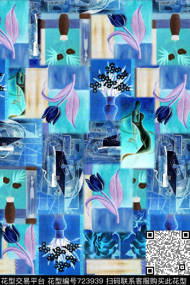 各种油画色块蓝.jpg - 723939 - 格子油画 色块 油画花 - 数码印花花型 － 女装花型设计 － 瓦栏