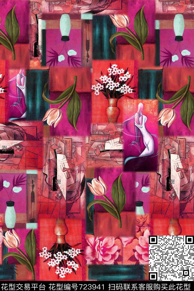 各种油画色块紫.jpg - 723941 - 格子油画 色块 油画花 - 数码印花花型 － 女装花型设计 － 瓦栏