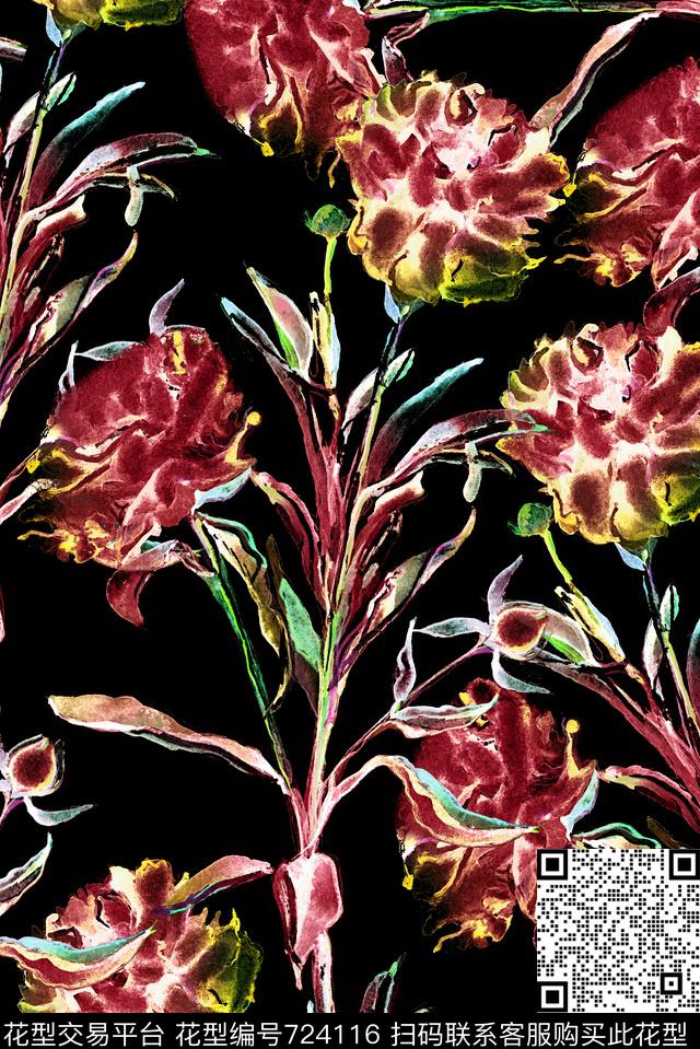 红绿搭配花卉数码印花花型下载（图片编号: 724116） - 瓦栏（Walan）