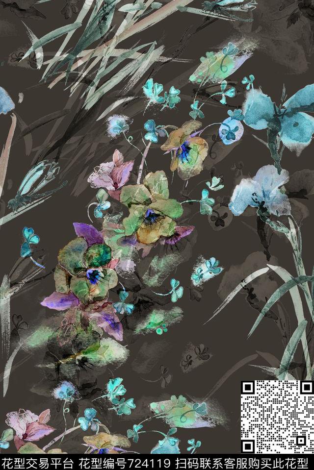 手绘花卉花草数码印花花型下载（图片编号: 724119） - 瓦栏（Walan）