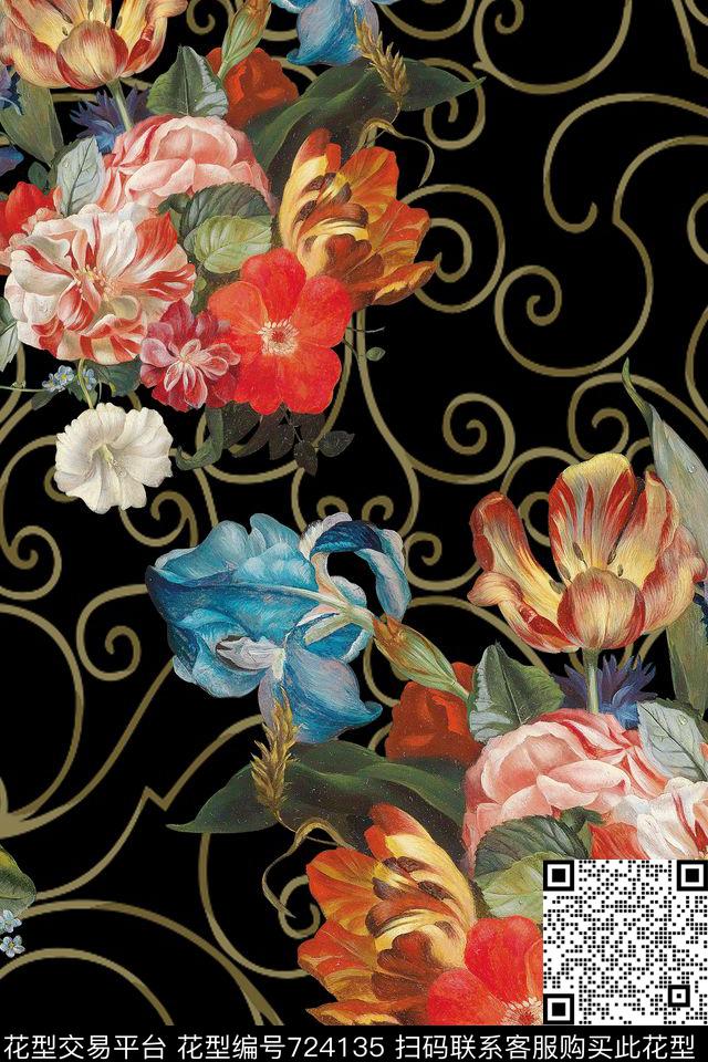 花朵花卉油画、写实、欧式花纹数码印花花型下载（图片编号: 724135） - 瓦栏（Walan）