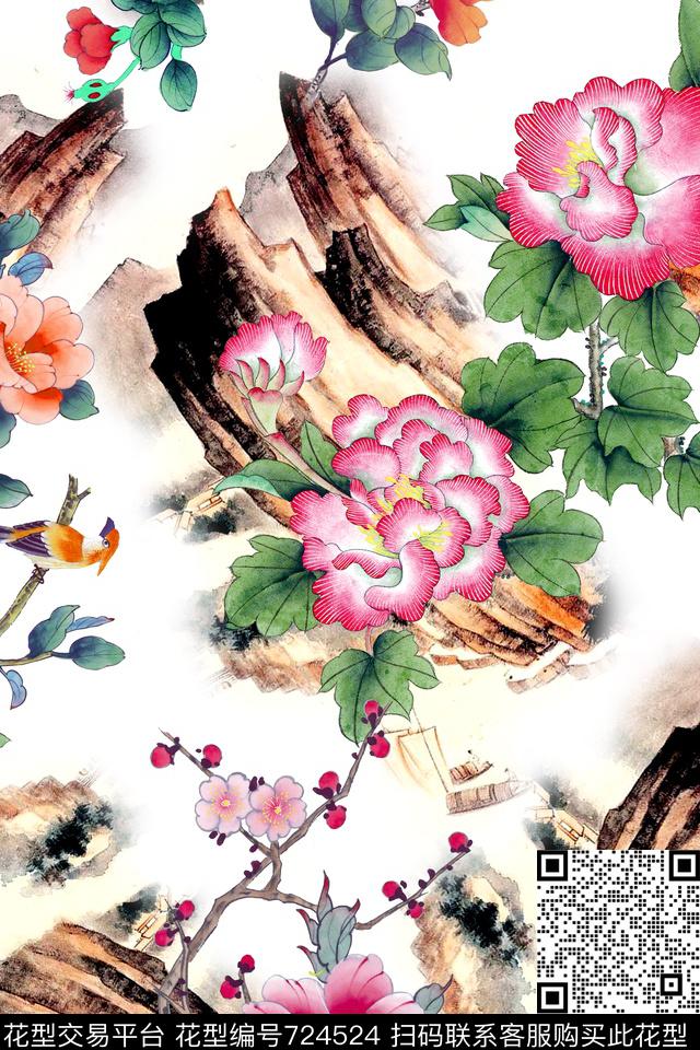 x-0715.jpg - 724524 - 民族风 中国风 工笔 - 数码印花花型 － 女装花型设计 － 瓦栏
