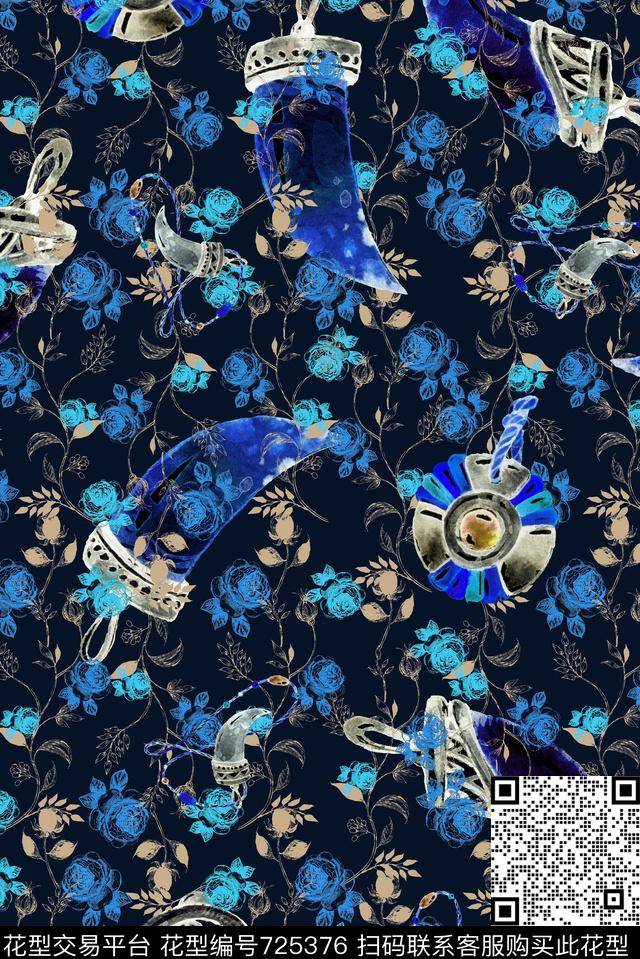 象牙花卉底纹蓝.jpg - 725376 -  - 数码印花花型 － 女装花型设计 － 瓦栏