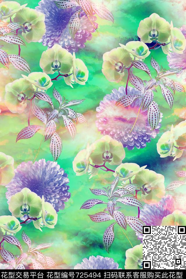 花卉植物女装兰花数码印花花型下载（图片编号: 725494） - 瓦栏（Walan）