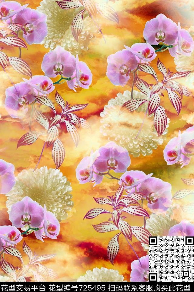花卉植物女装兰花数码印花花型下载（图片编号: 725495） - 瓦栏（Walan）