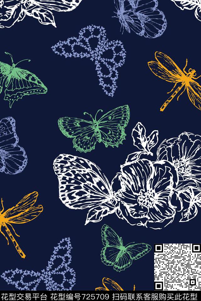 抽象 花朵 昆虫 蝴蝶 10113.tif - 725709 - 趣味 抽象 花朵 - 传统印花花型 － 女装花型设计 － 瓦栏