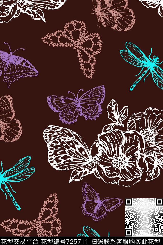 抽象 花朵 昆虫 蝴蝶 10113c.tif - 725711 - 趣味 抽象 花朵 - 传统印花花型 － 女装花型设计 － 瓦栏
