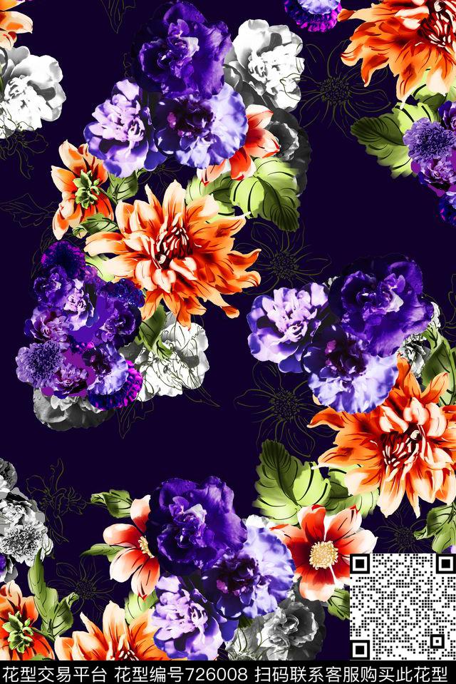 手绘花卉紫色罗兰数码印花花型下载（图片编号: 726008） - 瓦栏（Walan）