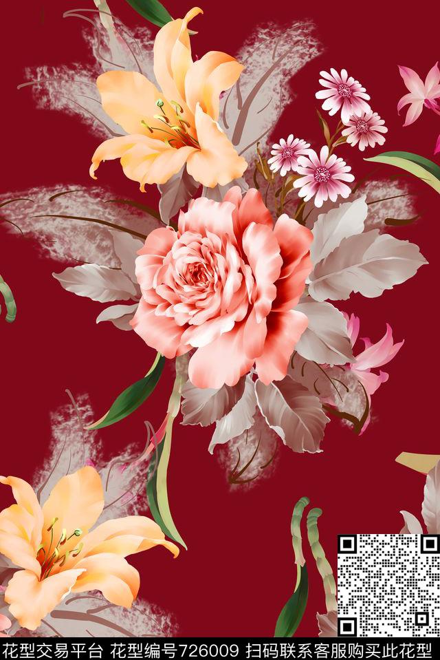 手绘玫瑰花卉花草数码印花花型下载（图片编号: 726009） - 瓦栏（Walan）