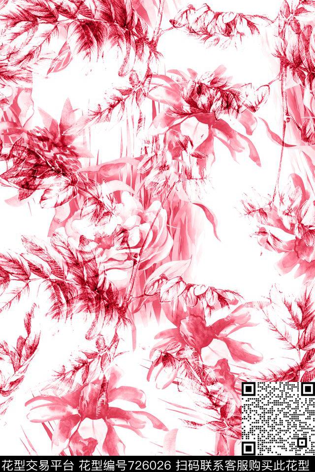手绘线描抽象花卉.jpg - 726026 - 手绘 线描 抽象 - 数码印花花型 － 女装花型设计 － 瓦栏